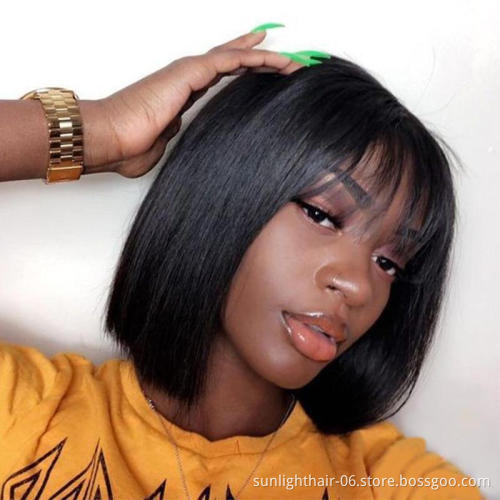 Sunlight Short Straight Indian Human Hair Glueless Machine Made Wig Bob Wigs With Bangs